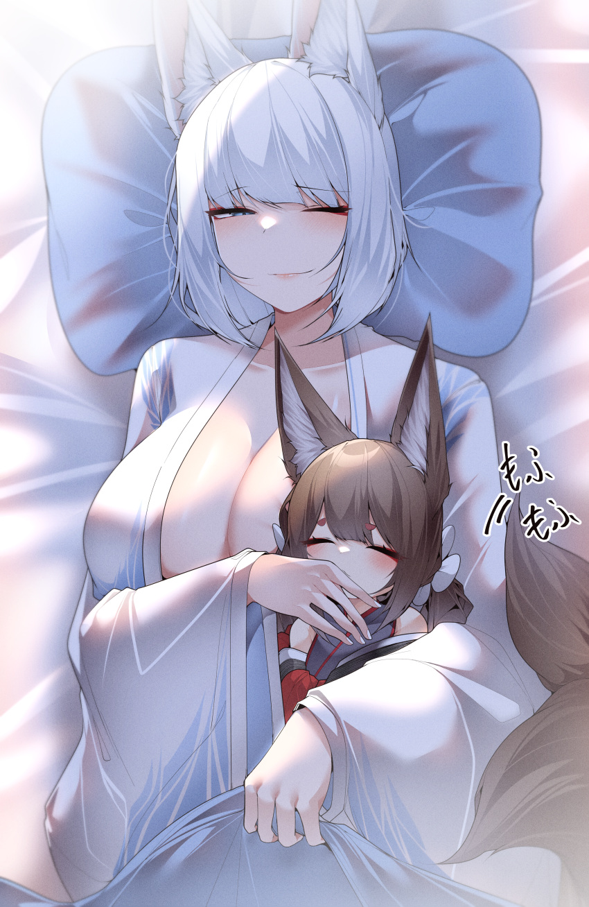 2girls ;) absurdres amagi-chan_(azur_lane) animal_ears aunt_and_niece azur_lane bare_shoulders blue_eyes blush breasts brown_hair cleavage closed_eyes cuddling dated_commentary eyeshadow floral_print fox_ears fox_girl fox_tail hair_between_eyes hand_on_another's_face hand_up highres hug indoors japanese_clothes kaga_(azur_lane) kimono kitsune large_breasts long_hair lying makeup medium_hair multiple_girls multiple_tails no_bra on_back one_eye_closed red_eyeshadow red_kimono samip sleeping sleeping_on_person slit_pupils smile tail upper_body white_hair white_kimono wide_sleeves