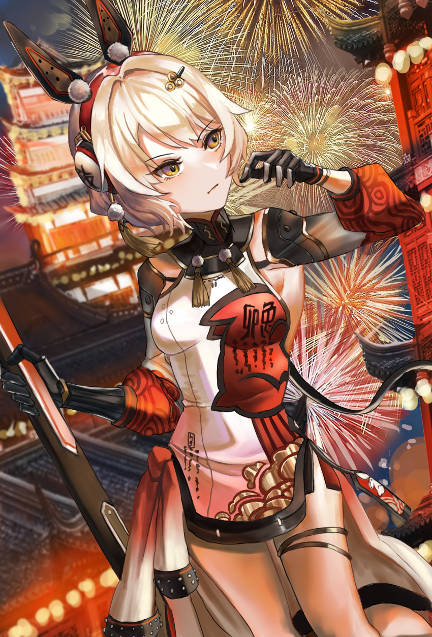 absurdres aerial_fireworks animal_ears breasts chinese_clothes chinese_new_year chinese_zodiac closed_mouth fake_animal_ears female fireworks grey_hair hair_ornament hairclip headphones highres holding holding_weapon karenina:_scire_(march_hare)_(punishing:_gray_raven) karenina_(punishing:_gray_raven) long_sleeves mechanical_arms medium_hair mochigana official_alternate_costume orange_eyes punishing:_gray_raven rabbit_ears red_shirt shirt small_breasts solo thigh_strap two-tone_shirt weapon white_shirt year_of_the_rabbit