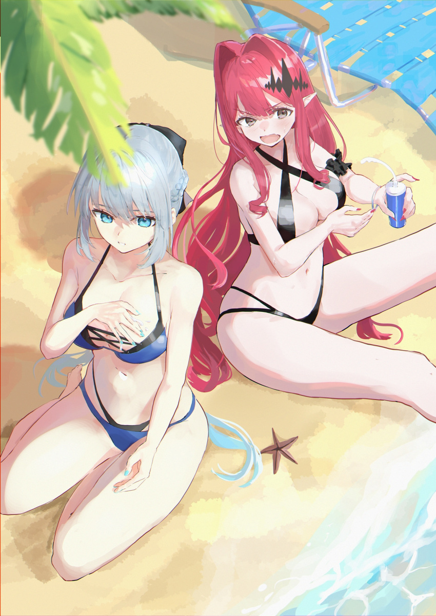 2girls applying_sunscreen armband baobhan_sith_(fate) bare_shoulders beach beach_chair bikini black_bikini blue_bikini blue_eyes blue_nails blush bow bracelet breasts cleavage day embarrassed fangs fate/grand_order fate_(series) from_above grey_eyes hair_ornament hairbow hand_on_own_chest hand_on_own_thigh highres holding jewelry kei201107 long_hair lotion morgan_le_fay_(fate) mother_and_daughter multiple_girls nail_polish navel ocean on_floor open_mouth outdoors palm_tree pink_hair pointy_ears red_nails sand seiza shadow sidelocks sitting starfish sunscreen sweatdrop swimsuit thighs tree white_hair