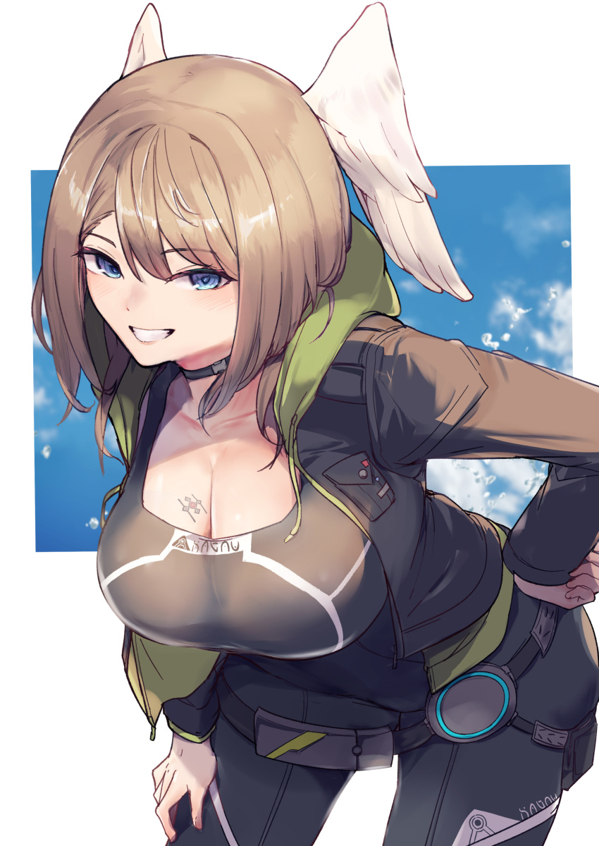 absurdres black_bodysuit blue_eyes bodysuit breasts brown_hair chest_tattoo cleavage eunie_(xenoblade) female hand_on_own_hip head_wings highres hood hooded_jacket jacket large_breasts leaning_forward pocket smile tattoo wings xenoblade_chronicles_(series) xenoblade_chronicles_3 yatai_(ya2taic)