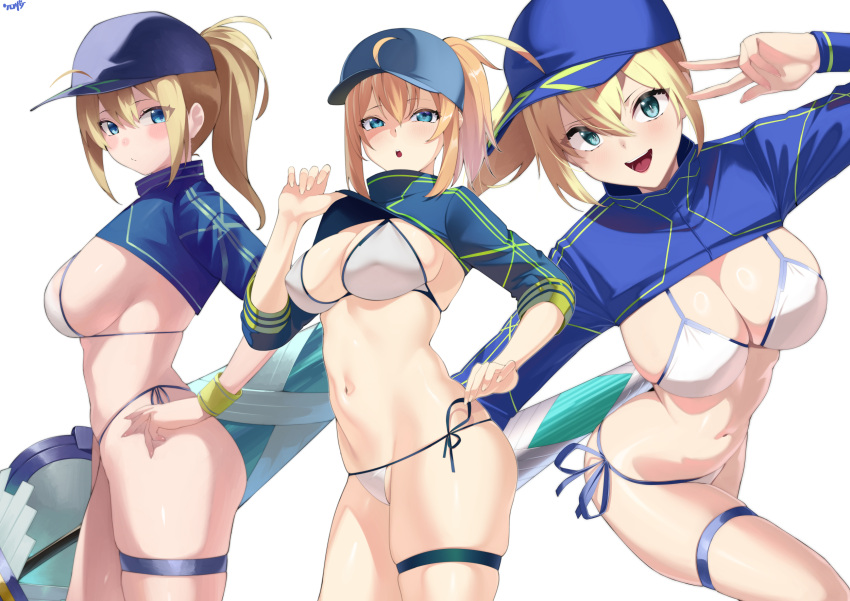 ahoge artoria_pendragon_(fate) baseball_cap bikini blonde_hair blue_eyes blue_headwear blue_jacket blush breasts cleavage cropped_jacket fate/grand_order fate_(series) female hair_between_eyes hair_through_headwear hat highres jacket kurozawa_yui lance large_breasts long_hair long_sleeves looking_at_viewer multiple_views mysterious_heroine_xx_(fate) navel open_mouth polearm ponytail shrug_(clothing) sidelocks smile swimsuit thigh_strap thighs twinmyniad_(fate) weapon white_bikini wristband