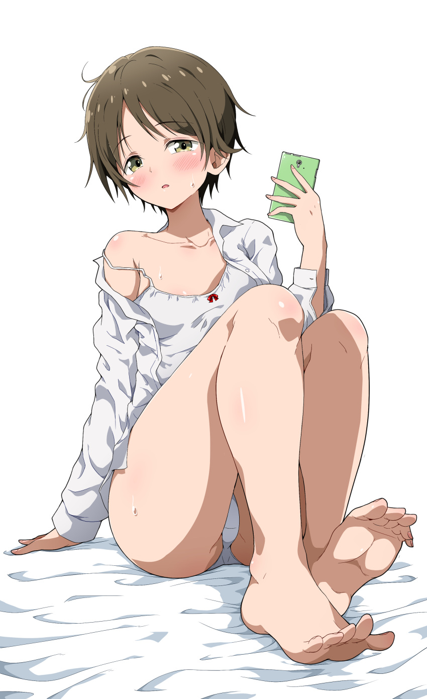 absurdres akebi-chan_no_serafuku alternate_costume ass bare_legs barefoot bed_sheet blush breasts brown_eyes brown_hair camisole collared_shirt dress_shirt eggman_(pixiv28975023) feet female foreshortening full_body highres holding holding_phone knees_up legs looking_at_viewer nail_polish panties parted_lips phone revision selfie shirt short_hair simple_background sitting soles solo tanigawa_kei tareme thighs toenails toes underwear white_background white_camisole white_panties white_shirt