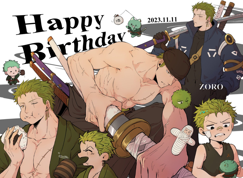 1boy abs aged_down alcohol bandana beer black_bandana chibi chibi_inset chimaaa333 collage food foreshortening green_hair happy_birthday highres large_pectorals leaning_forward male_focus marimo marimo_zoro muscular muscular_male nipples official_alternate_costume one_piece onigiri over_shoulder pectoral_cleavage pectorals roronoa_zoro scar scar_across_eye sheath short_hair sword sword_over_shoulder topless_male unsheathing weapon weapon_over_shoulder