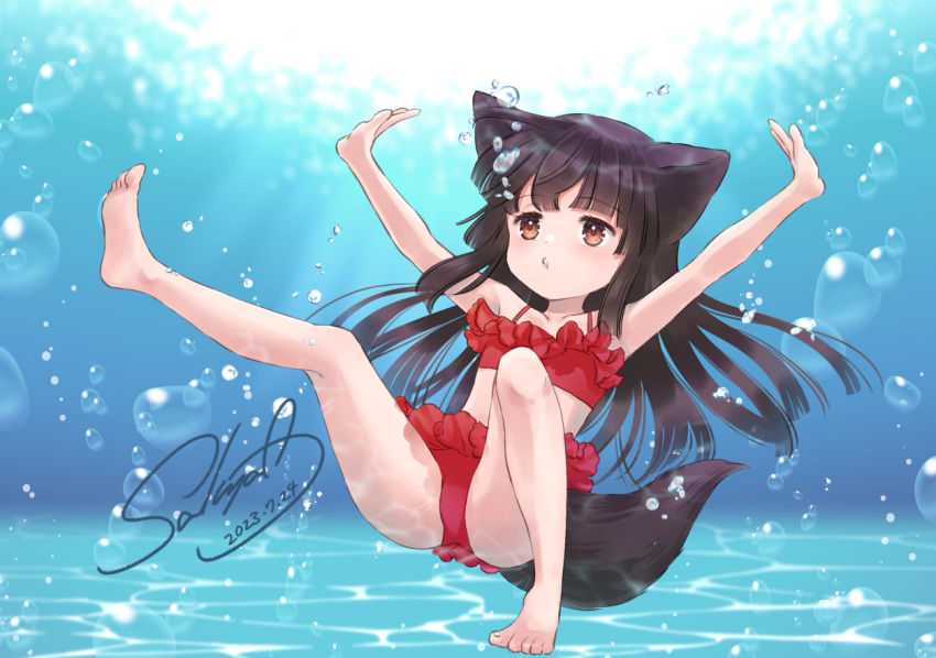 amano_sakuya animal_ear_fluff animal_ears armpits arms_up barefoot bikini black_hair blunt_bangs brown_eyes bubble closed_mouth feet female fox_ears fox_girl fox_tail frilled_bikini frills holding_breath kneepits konohana_kitan leg_up legs long_hair outstretched_arms red_bikini sakura_(konohana_kitan) soles solo spread_legs swimsuit tail thighs toes underwater water