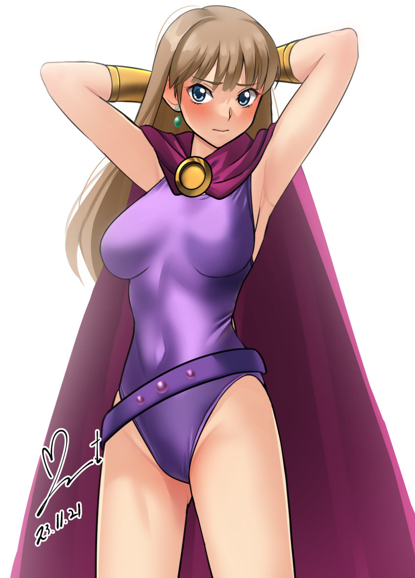 arms_behind_head belt blue_eyes blush brown_hair cape commission cowboy_shot dated female game_queen gauntlets highleg highleg_leotard highres leotard long_hair narara_superboard nose_blush pixiv_commission purple_belt purple_cape purple_leotard signature simple_background solo white_background yoo_tenchi