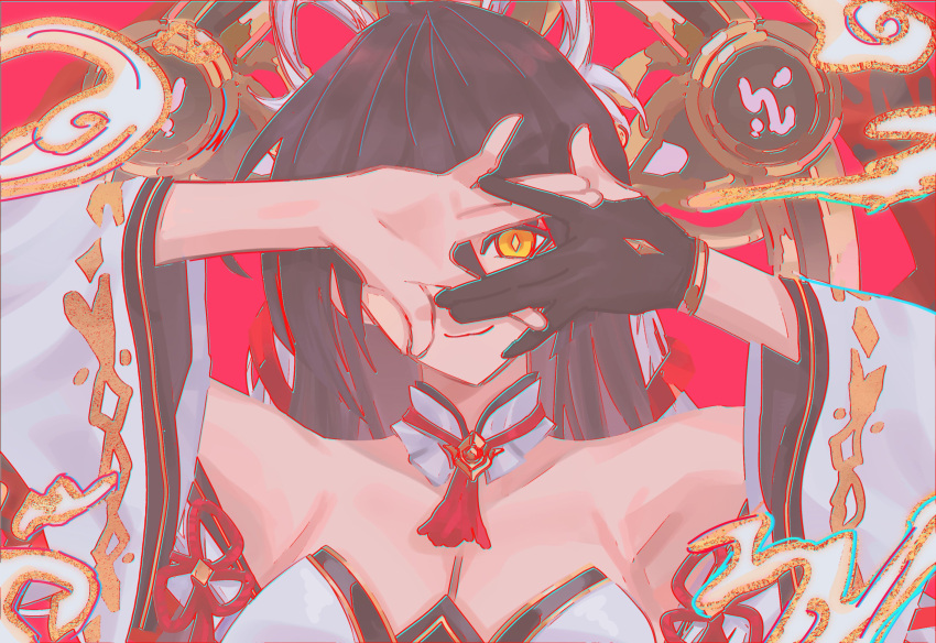 absurdres ara_haan armpits arms_up bare_shoulders black_gloves black_hair breasts chromatic_aberration cleavage closed_mouth commentary_request detached_sleeves elsword female gloves hair_between_eyes highres kitsune_no_mado long_hair long_sleeves looking_at_viewer medium_breasts partially_fingerless_gloves red_background shakti_(elsword) simple_background single_glove smile solo strapless upper_body white_sleeves wide_sleeves yaho_(bungadance) yellow_eyes