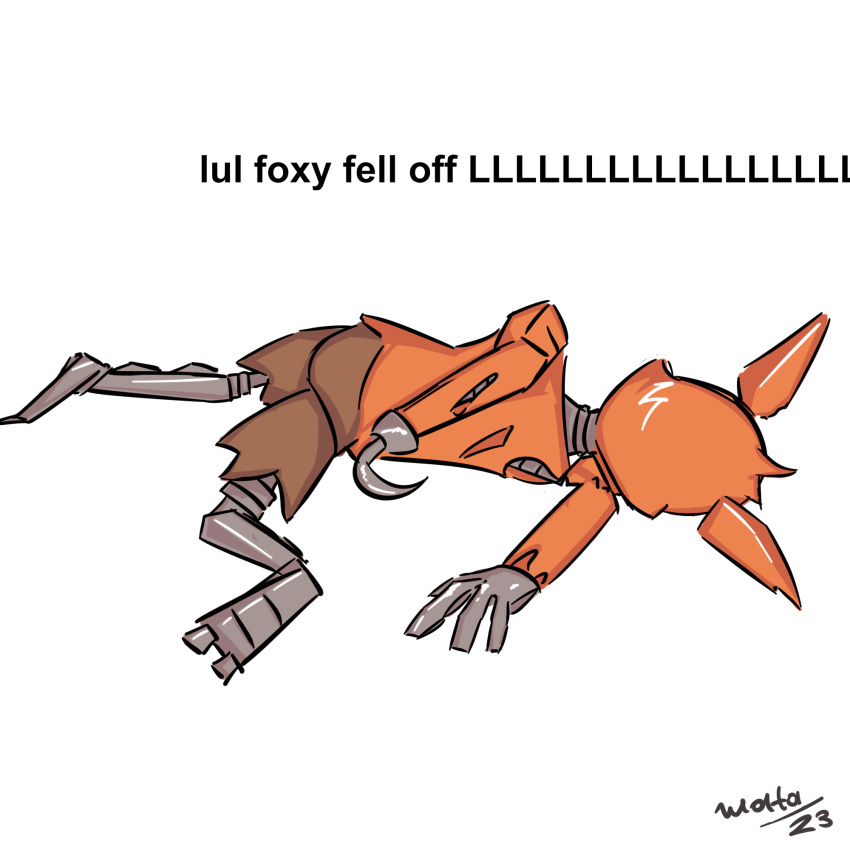 1:1 2023 animatronic anthro canid canine death digital_media_(artwork) family_guy_death_pose fell_down fingers five_nights_at_freddy's fox foxy_(fnaf) hi_res machine male male_death mammal meme robot scottgames simple_background solo text watashiao white_background