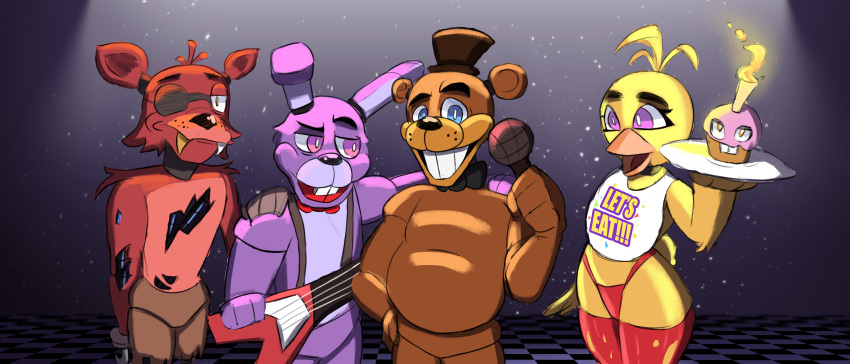 absurd_res angry anthro avian bear bikini_thong bird bonnie_(fnaf) bow_tie canid canine chica_(fnaf) chicken clothing cupcake_(fnaf) electronics eye_patch eyewear fangs female five_nights_at_freddy's fox foxy_(fnaf) freddy_(fnaf) galliform gallus_(genus) group guitar happy hat headgear headwear hi_res lagomorph legwear leporid machine male mammal mechtal microphone musical_instrument phasianid plate plucked_string_instrument rabbit robot scottgames stockings string_instrument swimwear teeth top_hat