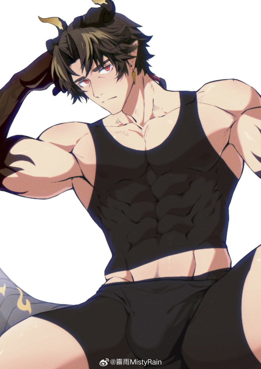 1boy absurdres arknights bara black_male_underwear black_skin black_tank_top boxers bulge chong_yue_(arknights) colored_extremities colored_skin daziran_de_duqiyan dragon_boy dragon_horns dragon_tail gradient_skin highres horns looking_at_viewer male_focus male_underwear midriff_peek multicolored_hair muscular muscular_male pectoral_cleavage pectorals pointy_ears sidepec solo sparse_navel_hair spread_legs streaked_hair tail tank_top thick_eyebrows thick_thighs thighs underwear