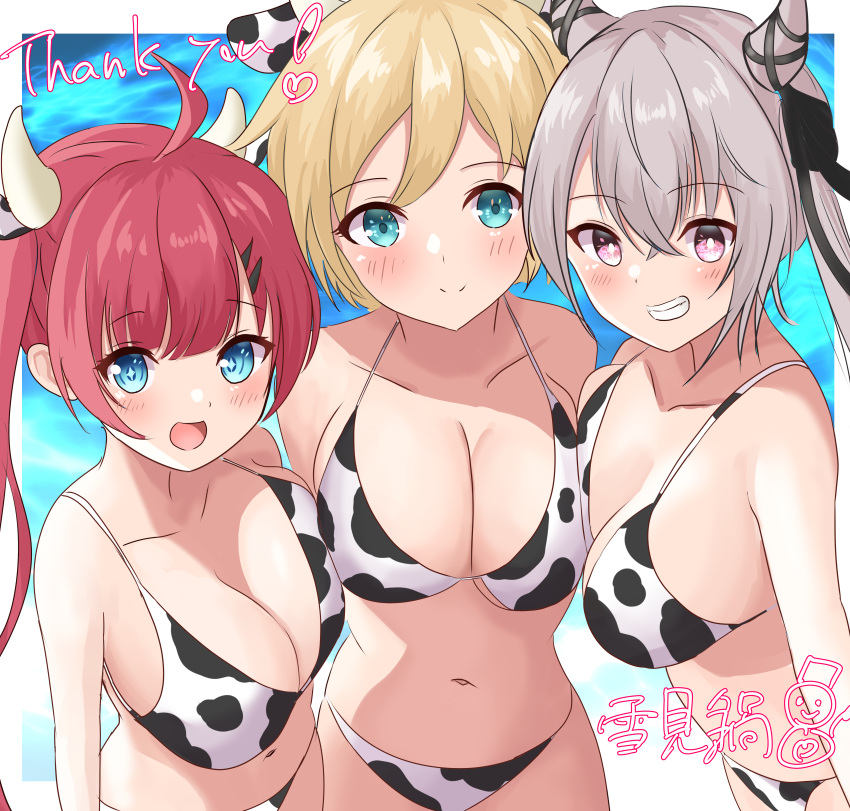 3girls :d absurdres ahoge alternate_costume animal_print aqua_eyes artist_name azur_lane bikini black_bikini black_ribbon blonde_hair blush breast_press breasts california_(azur_lane) cleavage closed_mouth commentary_request commission cow_print cow_print_bikini cowboy_shot crossed_bangs eyes_visible_through_hair fake_horns grey_hair grey_horns grin hair_between_eyes hair_ribbon heart highres horn_ornament horn_ribbon horns large_breasts long_hair looking_at_viewer multiple_girls navel onabe_no_shime open_mouth pink_eyes print_bikini red_hair ribbon san_diego_(azur_lane) san_francisco_(azur_lane) short_hair skeb_commission smile split_mouth standing swimsuit thank_you twintails white_bikini