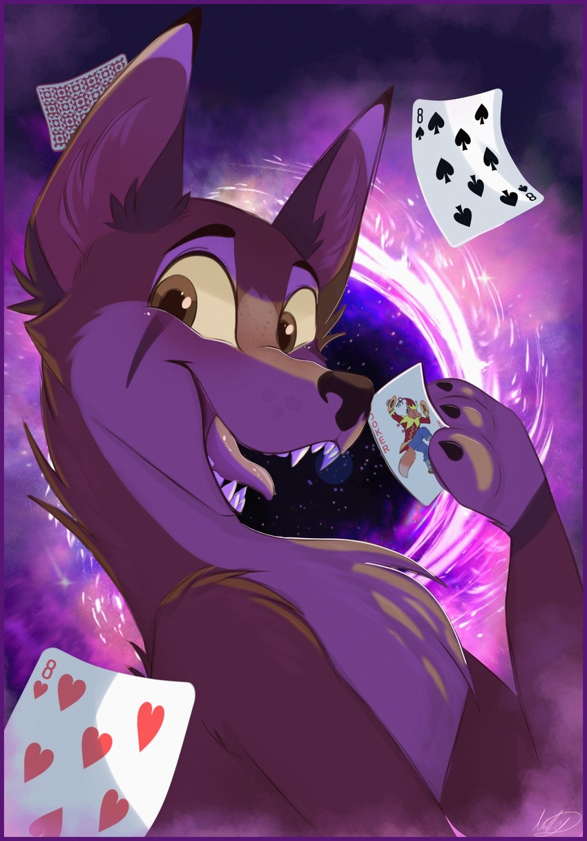 2023 ambiguous_gender black_eyebrows black_nose border brown_body brown_ears brown_eyes brown_fur brown_markings canid canine card eyebrows feral fur hearts_(suit) hi_res holding_object holding_playing_card joker_(playing_card) looking_at_viewer mammal markings multicolored_body multicolored_fur open_mouth paws pink_border pink_inner_ear pink_tongue playing_card portal sharp_teeth signature snout solo space spades_(suit) star suit_symbol sweetvixenarts teeth tongue two_tone_body two_tone_fur white_body white_fur yellow_sclera