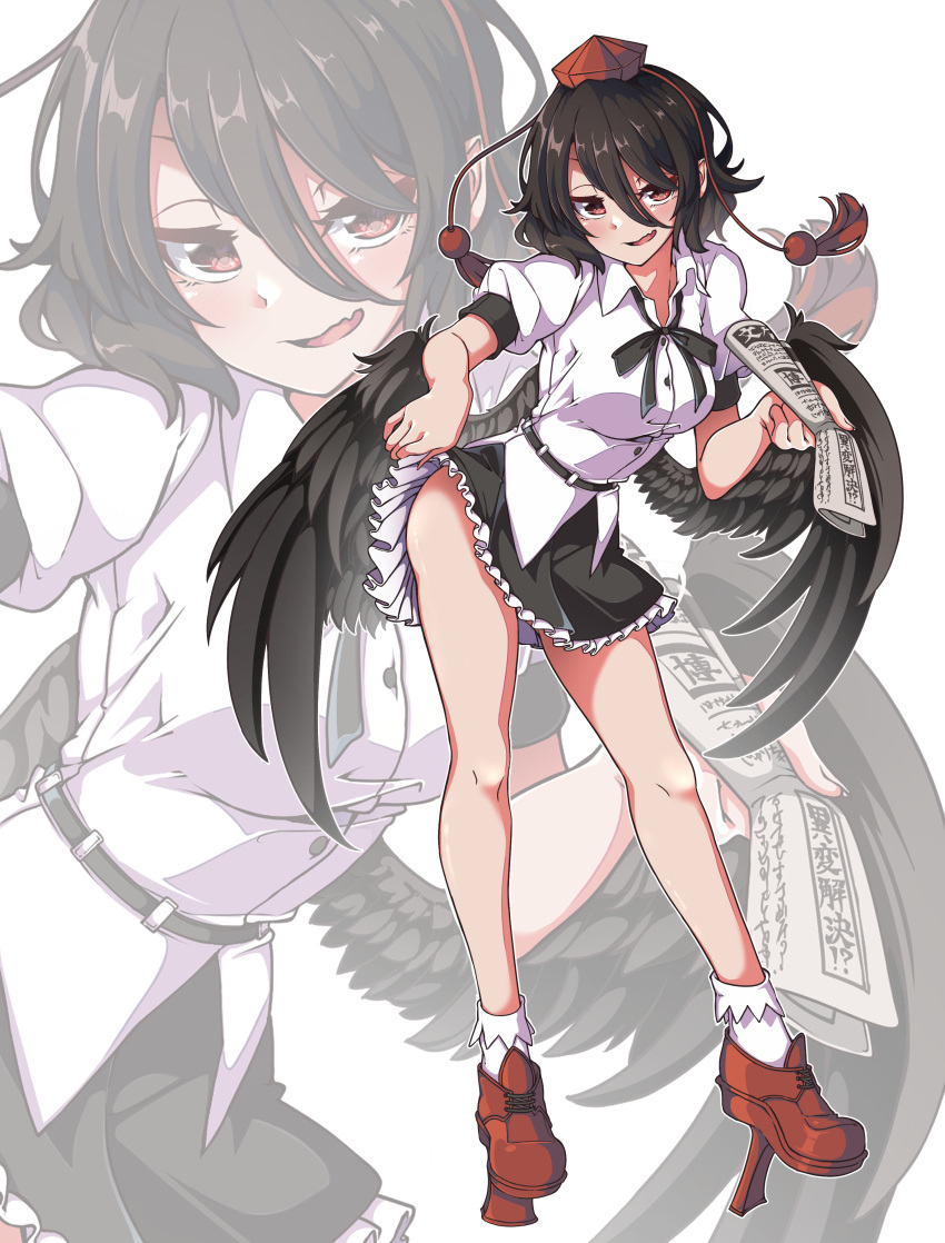 absurdres bare_hips bare_legs bird_wings black_hair black_skirt black_wings blush breasts buttons clothes_lift collared_shirt feathered_wings female frilled_skirt frills geta gokuu_(acoloredpencil) hat highres holding holding_newspaper large_breasts looking_at_viewer miniskirt newspaper oerba_yun_fang open_mouth puffy_short_sleeves puffy_sleeves red_eyes red_footwear red_hat shameimaru_aya shirt shoes short_hair short_sleeves skin_fang skirt skirt_lift skirt_tug smile socks solo tengu-geta tokin_hat touhou white_shirt white_socks wings zoom_layer