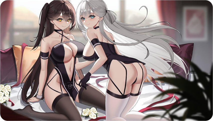 2girls ass azur_lane bare_shoulders black_gloves black_hair black_thighhighs blue_eyes blurry blurry_background breasts cleavage floating_hair from_behind gloves hair_between_eyes indoors kneeling large_breasts long_hair looking_at_viewer looking_back manjuu_(azur_lane) multiple_girls navel official_alternate_costume on_bed one_side_up otakueden1995 pillow race_queen shoukaku_(azur_lane) shoukaku_(sororal_wings)_(azur_lane) sitting stomach thighhighs thong wariza white_hair white_thighhighs yellow_eyes zuikaku_(azur_lane) zuikaku_(the_wind's_true_name)_(azur_lane)