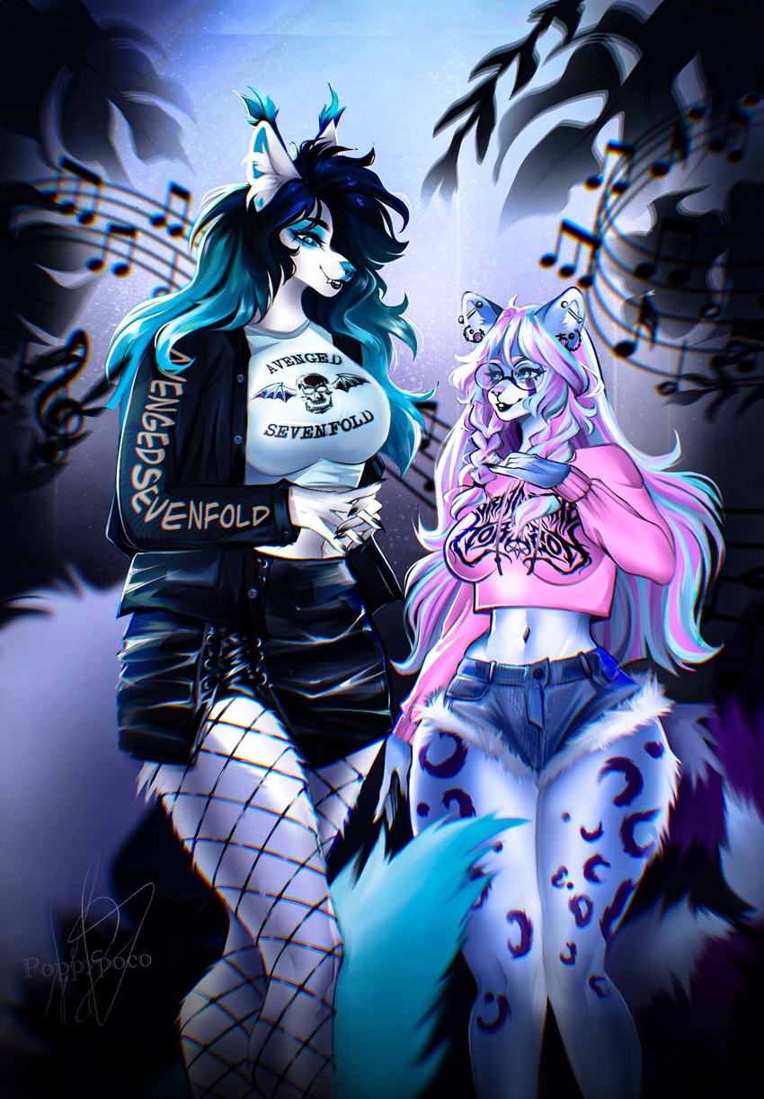 ailurid alexandra_(alexthewoofers) anthro avenged_sevenfold bring_me_the_horizon canid canine canis clothing duo female hi_res mammal musical_note poppypoco red_panda senutski_raves wolf