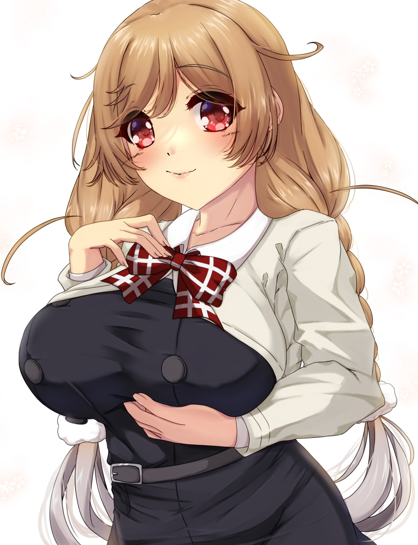 absurdres belt black_dress blush bow bowtie braid breasts cloud_hair_ornament collared_shirt dress female highres kantai_collection large_breasts light_brown_hair lips long_hair long_sleeves looking_at_viewer low_twin_braids minegumo_(kancolle) neck_ribbon original pinafore_dress plaid plaid_bow plaid_bowtie pleated_dress red_bow red_eyes ribbon school_uniform shigatsu_(soratobuusagi) shirt sleeveless sleeveless_dress smile solo twin_braids white_shirt