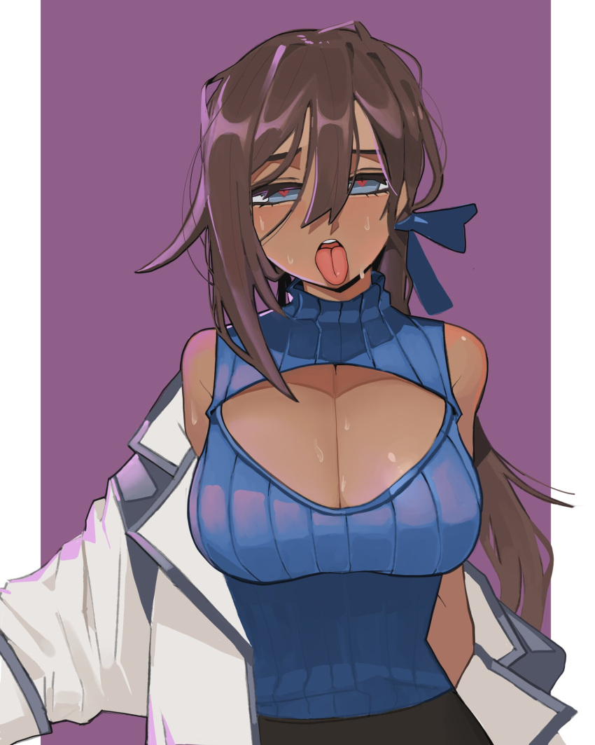 bbizim03 black_survival blue_eyes blue_ribbon blue_sweater blush breasts brown_hair cathy_huggins cleavage cleavage_cutout clothing_cutout coat dark-skinned_female dark_skin eternal_return:_black_survival female hair_between_eyes hair_ribbon heart heart-shaped_pupils highres large_breasts long_hair meme_attire off_shoulder open-chest_sweater ribbed_sweater ribbon simple_background sleeveless sleeveless_sweater solo sweat sweater symbol-shaped_pupils tongue tongue_out turtleneck turtleneck_sweater white_coat