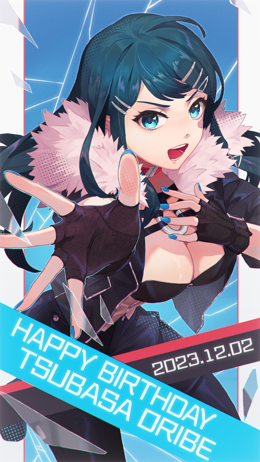 alternate_costume blue_eyes blue_hair blue_nails breasts cleavage female fingerless_gloves fire_emblem gloves hair_ornament hairpin hand_on_own_chest happy_birthday highres jacket large_breasts long_hair looking_at_viewer monohoshisao nail_polish open_clothes open_jacket open_mouth oribe_tsubasa pants reaching reaching_towards_viewer smile solo tokyo_mirage_sessions_fe