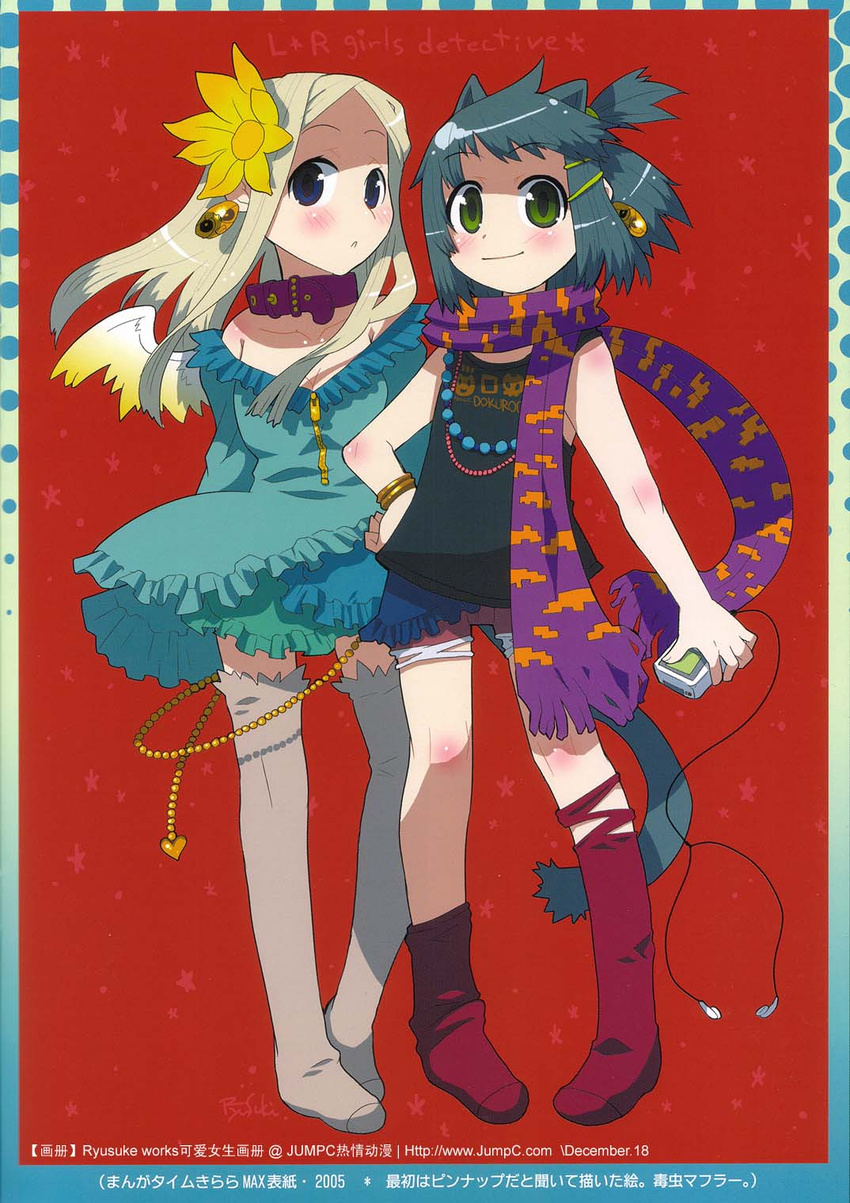 animal_ears blonde_hair blue_eyes blush blush cat_ears dress flower green_eyes green_hair highres long_hair nekomimi one_wing ryusuke_hamamoto scarf short_hair shorts single_wing sunflower thigh_highs thighhighs wing wings zip zipper