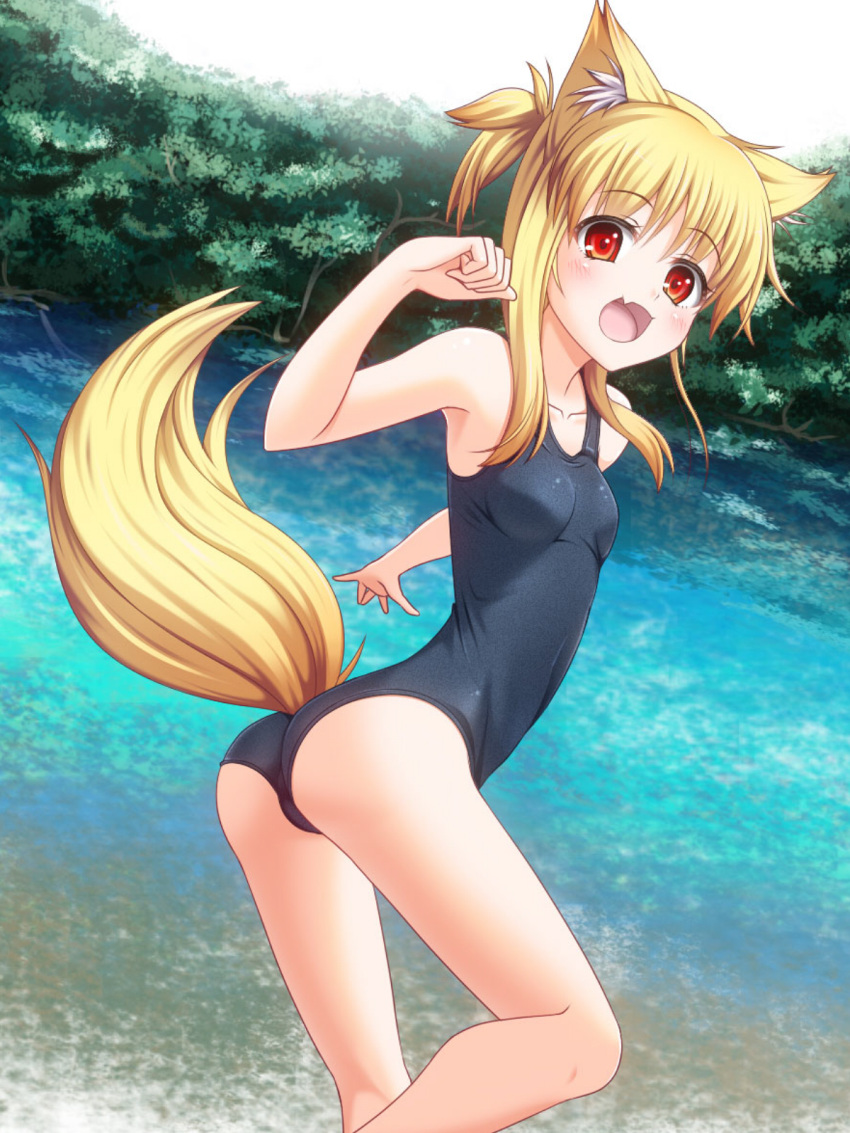 3:4 animal_humanoid blonde_hair canid canid_humanoid canine canine_humanoid clothing fangs female fox fox_humanoid fox_tail hair hi_res humanoid mammal mammal_humanoid open_mouth plant red_eyes solo swimwear teeth tree yujin-yujin