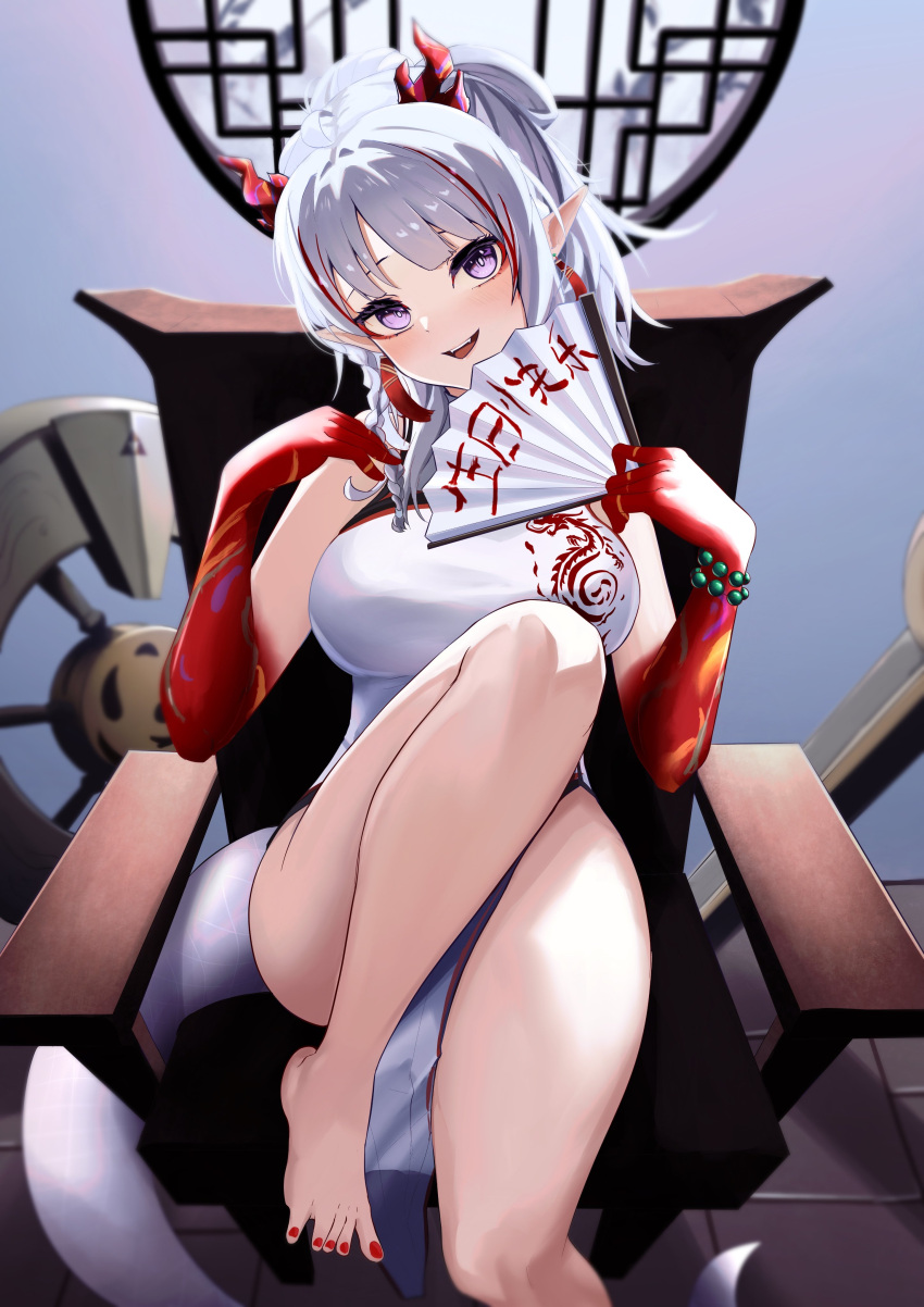 :d absurdres ahoge arknights bare_legs bare_shoulders barefoot breasts china_dress chinese_clothes commentary dress feet feet_on_chair female folding_fan foot_out_of_frame half_updo hand_fan head_tilt highres holding holding_fan horns indoors knee_up large_breasts legs long_hair looking_at_viewer multicolored_hair nail_polish nian_(arknights) nian_(unfettered_freedom)_(arknights) official_alternate_costume open_mouth pointy_ears purple_eyes red_hair red_nails round_window sleeveless sleeveless_dress smile solo spread_toes streaked_hair tail teeth toenail_polish toenails toes upper_teeth_only white_dress white_hair window yan_kodiac