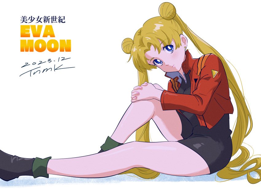 absurdres bishoujo_senshi_sailor_moon black_dress blonde_hair blue_eyes breasts commentary_request cosplay cropped_jacket double_bun dress female hair_bun highres katsuragi_misato katsuragi_misato_(cosplay) long_hair long_sleeves looking_at_viewer medium_breasts mitsuishi_kotono neon_genesis_evangelion short_dress sitting solo tsukino_usagi tsunemoku twintails very_long_hair voice_actor_connection