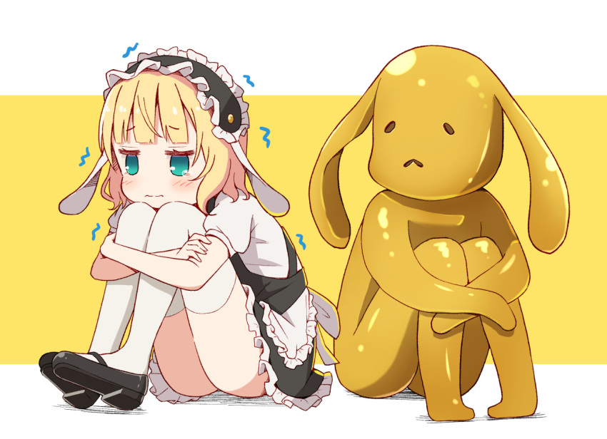 animal_ear_hairband animal_ears apron aqua_eyes black_footwear black_hairband black_skirt blonde_hair blunt_bangs blush closed_mouth commentary_request fake_animal_ears female fleur_de_lapin_uniform floppy_ears frilled_apron frilled_hairband frilled_skirt frills full_body gochuumon_wa_usagi_desu_ka? hairband hugging_own_legs kirima_syaro legs_together lolita_hairband looking_to_the_side mary_janes mohei puffy_short_sleeves puffy_sleeves rabbit_ears rabbit_statue scared shirt shoes short_sleeves simple_background sitting skirt solo statue thighhighs thighs trembling two-tone_background waist_apron wavy_hair white_apron white_shirt white_thighhighs