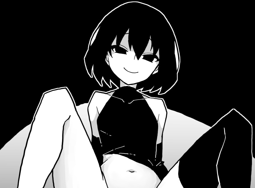 akableak asymmetrical_legwear bare_shoulders black_background black_eyes black_gloves black_hair black_shirt black_thighhighs bob_cut breasts closed_mouth clothes_lift collarbone commentary cropped elbow_gloves empty_eyes english_commentary female gloves greyscale hair_between_eyes head_tilt high_contrast highres leaning_back looking_at_viewer m_legs midriff monochrome monogatari_(series) narrowed_eyes navel oshino_ougi out-of-frame_censoring outline raised_eyebrows shirt shirt_lift short_hair single_thighhigh sitting sleeveless sleeveless_shirt small_breasts smile solo spread_legs stomach thighhighs thighs turtleneck white_background white_outline