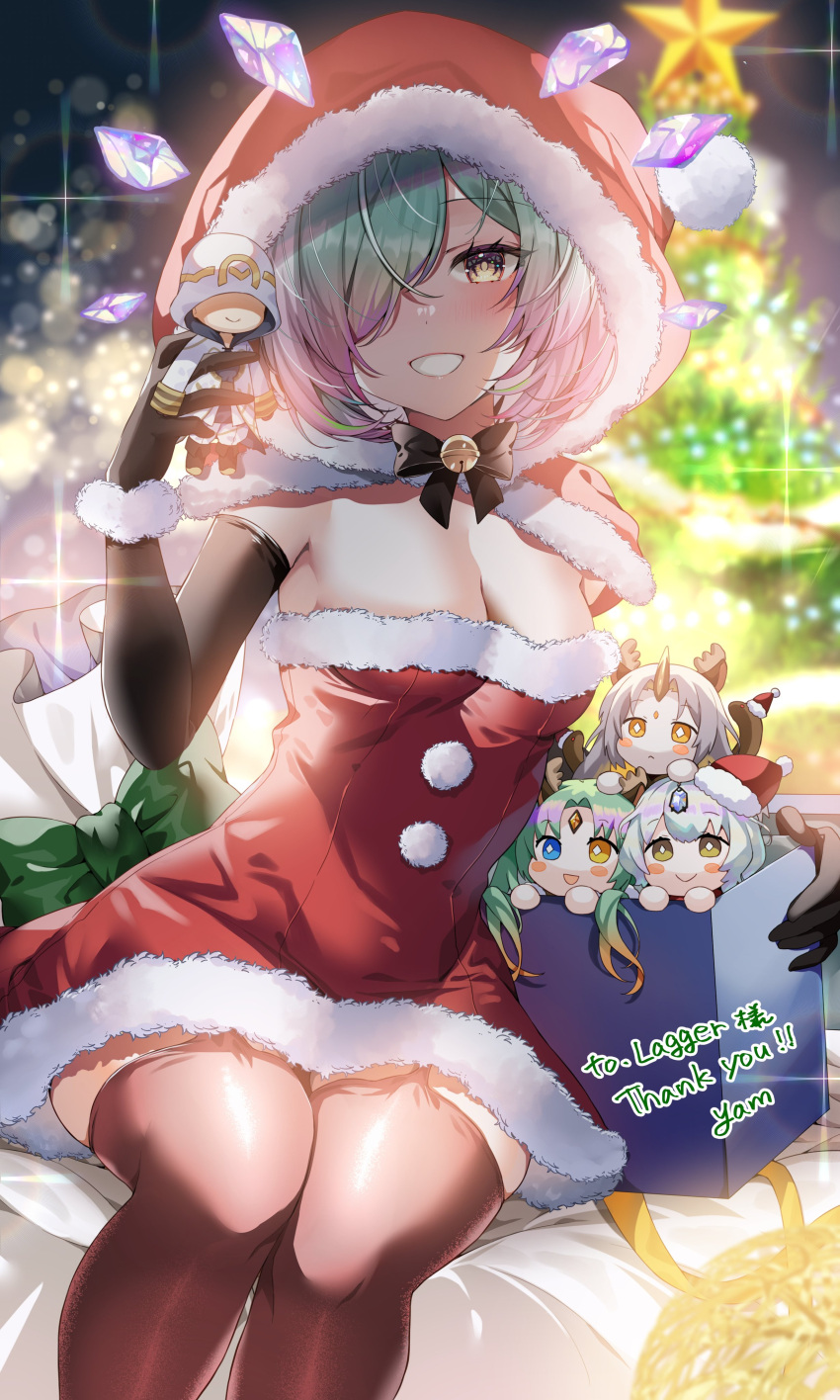 absurdres alternate_costume black_gloves black_thighhighs blush box breasts character_doll christmas cleavage commentary_request commission doll dress elbow_gloves female fire_emblem fire_emblem_heroes fur-trimmed_dress fur-trimmed_hood fur_trim gift gift_box gloves gradient_hair green_hair gullveig_(fire_emblem) hair_over_one_eye heidr_(fire_emblem) highres holding holding_doll holding_toy hood hood_up kiran_(fire_emblem) kvasir_(fire_emblem) looking_at_viewer mixed-language_commentary multicolored_hair one_eye_covered purple_hair red_dress red_hood sack santa_costume seidr_(fire_emblem) short_hair sitting skeb_commission small_breasts smile solo strapless strapless_dress thank_you thighhighs toy yam_(yamap_mako)