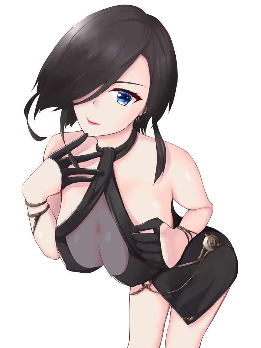 anchor_earrings animal_ears ark_royal_(azur_lane) ark_royal_(guardian_of_the_ball)_(azur_lane) azur_lane bare_shoulders black_dress black_gloves black_hair blue_eyes breasts cleavage cocktail_dress commentary_request covered_nipples dress earrings female gloves hair_over_one_eye half_gloves halter_dress halterneck highres jewelry large_breasts leaning_forward official_alternate_costume parted_lips red_lips see-through see-through_dress simple_background solo white_background zubi_(skylinezb)