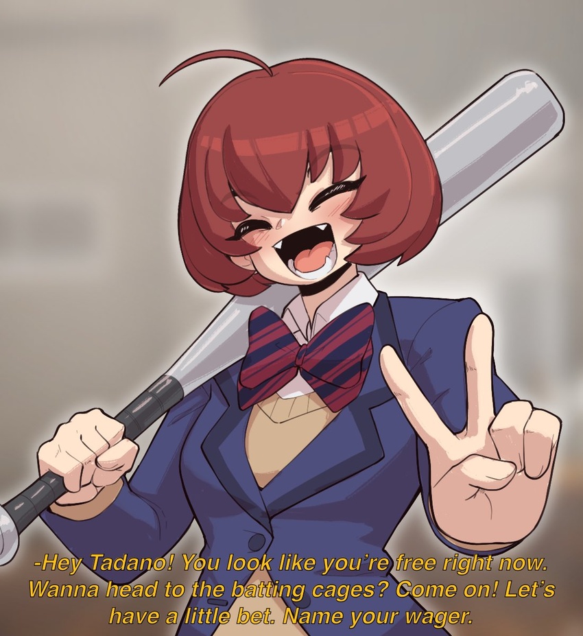 ^_^ baseball_bat blazer blush bow bowtie breasts closed_eyes english_commentary english_text facing_viewer fangs female highres holding holding_baseball_bat holding_behind_neck instant_loss jacket komi-san_wa_komyushou_desu nudiedoodles onigashima_akako open_mouth red_hair school_uniform shirt smile solo subtitled sweater_vest upper_body v white_shirt