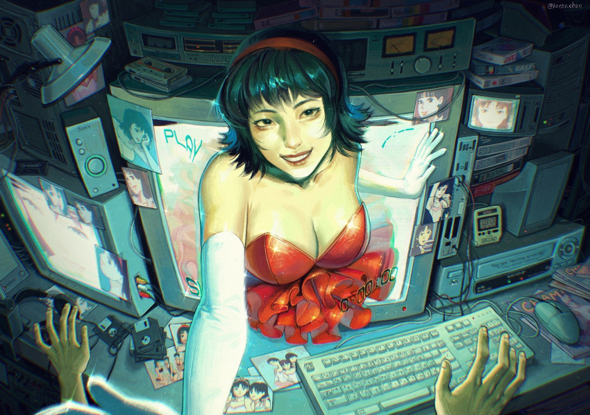 bare_shoulders black_eyes black_hair breasts cable cassette_player cassette_tape character_print cleavage computer computer_keyboard computer_mouse computer_tower crt desk dress elbow_gloves female fisheye floppy_disk frilled_dress frills gloves grin hairband highres indoors jvc kirigoe_mima kotsu_chan lamp looking_at_viewer out_of_frame perfect_blue photo_(object) realistic red_dress red_hairband scenery screen short_hair signature smile solo_focus sparkle speaker through_medium through_screen twitter_username upper_body videocassette videocassette_recorder white_gloves