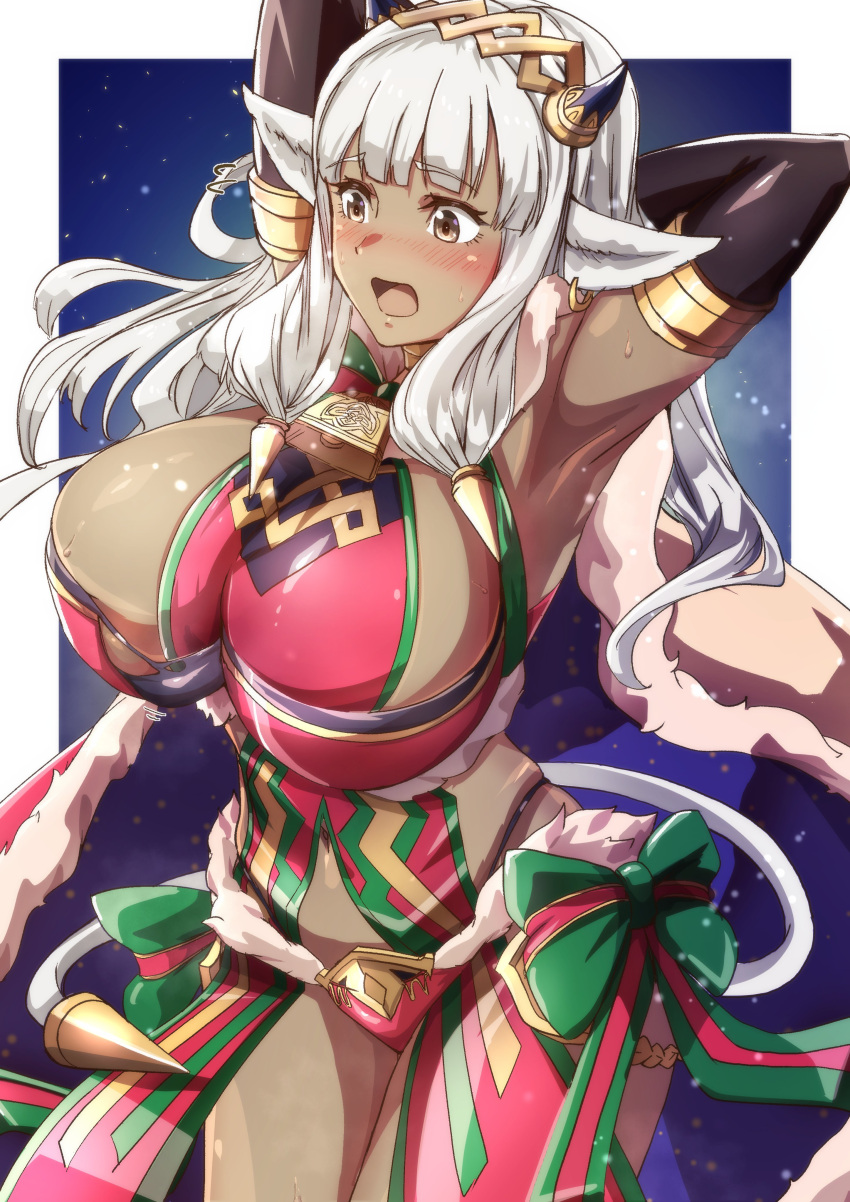 absurdres adapted_costume alternate_costume animal_ears ash_(fire_emblem) bare_shoulders black_horns blush breasts brown_eyes cape cosplay cow_ears cow_girl cow_horns cow_tail dark-skinned_female dark_skin ear_piercing female fire_emblem fire_emblem_heroes fur-trimmed_panties fur_cape fur_trim highres holding horns huge_breasts long_hair open_mouth panties piercing solo tail tharja_(fire_emblem) tharja_(fire_emblem)_(cosplay) tharja_(winter)_(fire_emblem) to_(tototo_tk) torn_clothes underwear white_hair