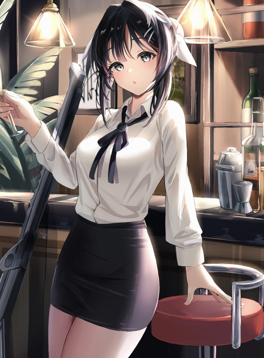 :o absurdres alcohol arknights bar_(place) black_eyes black_hair black_ribbon black_skirt bottle ceiling_light cocktail_shaker collared_shirt cowboy_shot cup female hair_ornament hairclip hand_up highres holding holding_cup indoors jigger la_pluma_(arknights) long_sleeves looking_at_viewer neck_ribbon ohagi_umeume picture_frame plant potted_plant ribbon shirt shirt_tucked_in skirt solo stool thighs tight_clothes weapon white_shirt