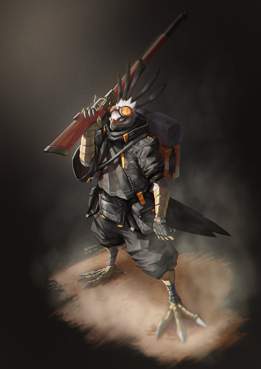 absurd_res accipitriform agitype01 anthro avian avian_feet beak biped bird closed_eyes clothed clothing feathers gun hi_res holding_gun holding_object holding_ranged_weapon holding_weapon male ranged_weapon secretary_bird solo streetwear techwear weapon white_body white_feathers