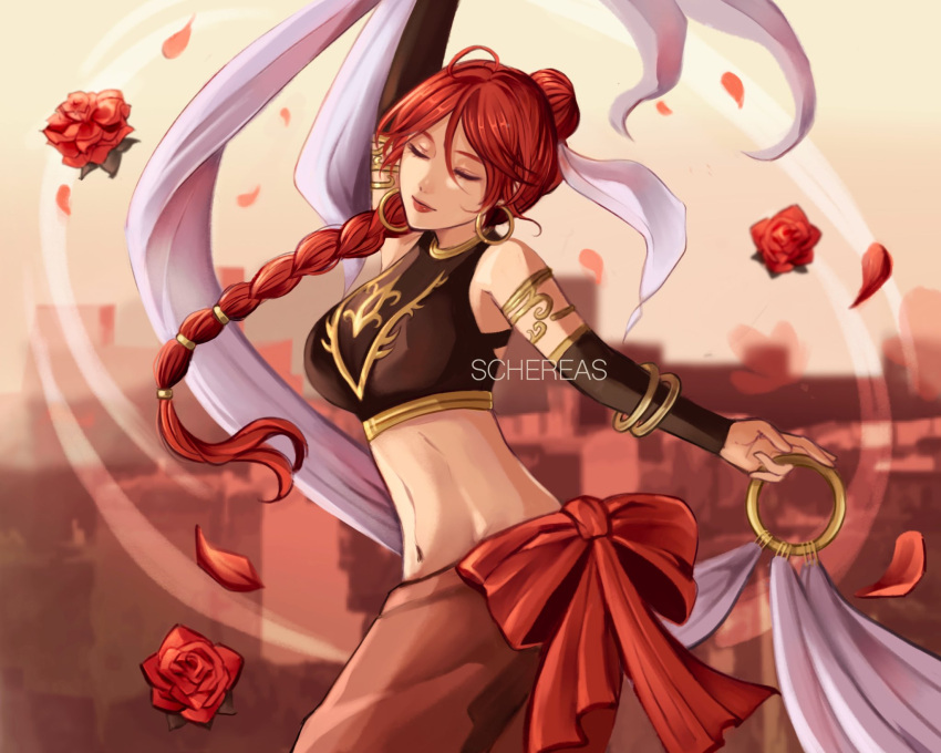 armlet bangle bare_shoulders bracelet braid braided_ponytail breasts closed_eyes crop_top dancing detached_sleeves female fire_emblem fire_emblem:_the_sacred_stones highres jewelry lipstick long_hair makeup medium_breasts midriff navel red_hair red_lips schereas shawl smile solo tethys_(fire_emblem)