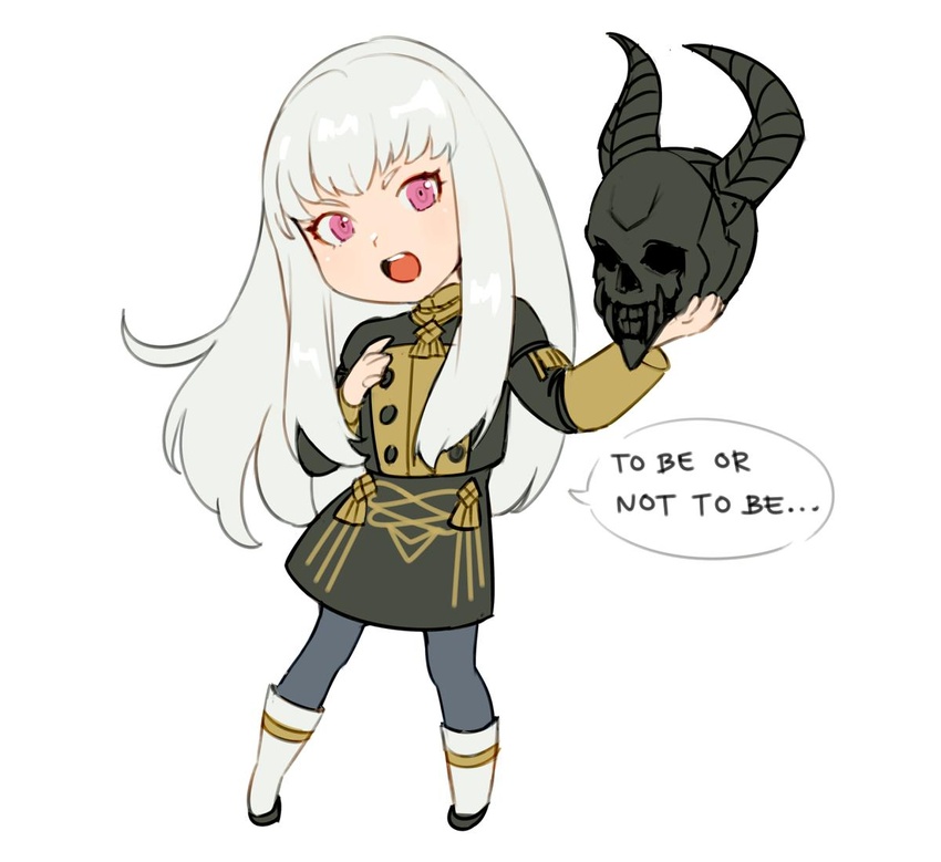 blue_legwear chibi death_knight_(fire_emblem) english_text female fire_emblem fire_emblem:_three_houses garreg_mach_monastery_uniform hamlet helmet holding jivke long_hair long_sleeves lysithea_von_ordelia open_mouth pink_eyes simple_background solo uniform white_background white_hair