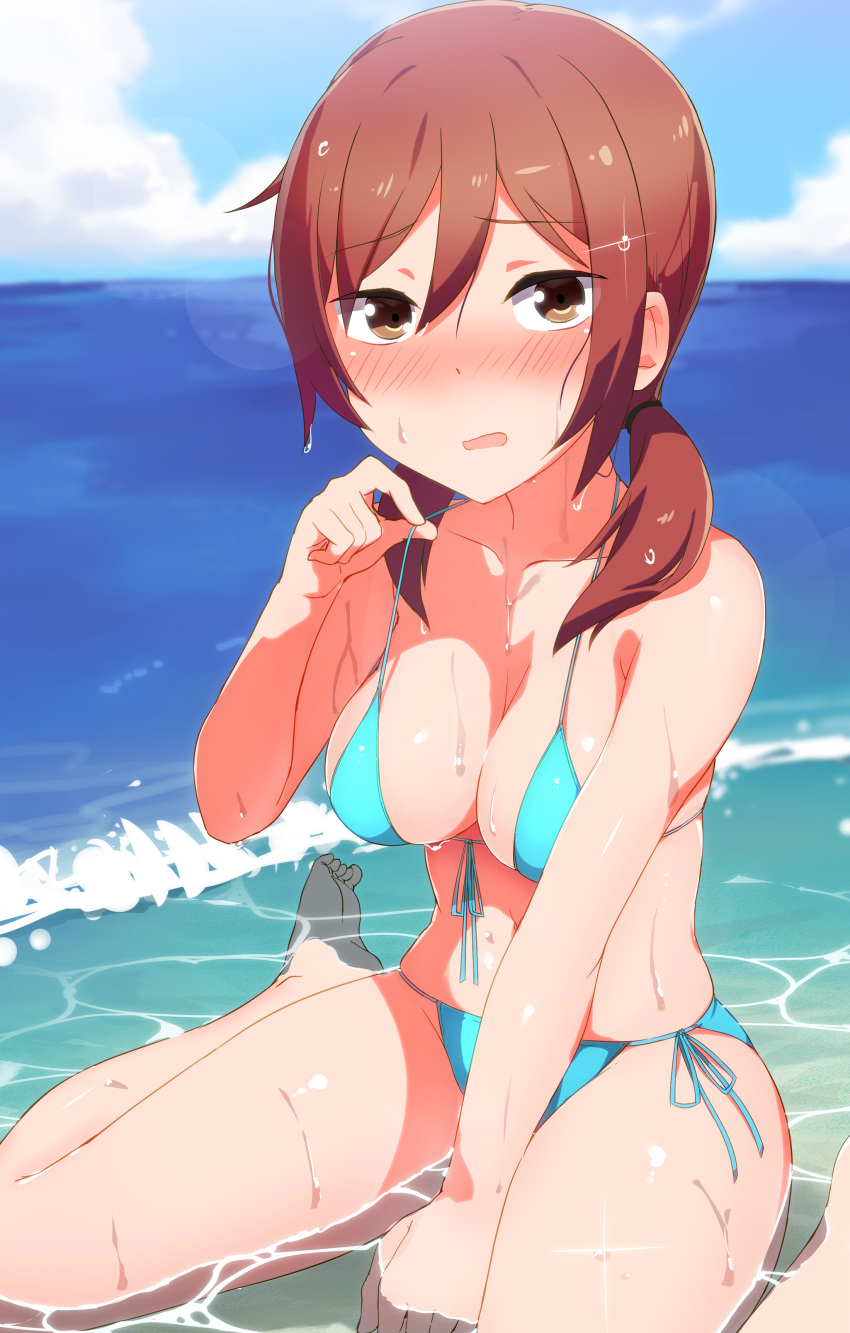 abmayo absurdres adjusting_clothes adjusting_swimsuit aqua_bikini arm_between_legs barefoot beach bikini blush breasts brown_eyes brown_hair cleavage cloud day embarrassed feet feet_out_of_frame female hairband highres horizon joshi_kousei_no_mudazukai kikuchi_akane looking_at_viewer md5_mismatch medium_breasts navel ocean open_mouth outdoors partially_submerged shiny_skin side-tie_bikini_bottom sitting sky solo swimsuit thighs toes twintails wariza water wet