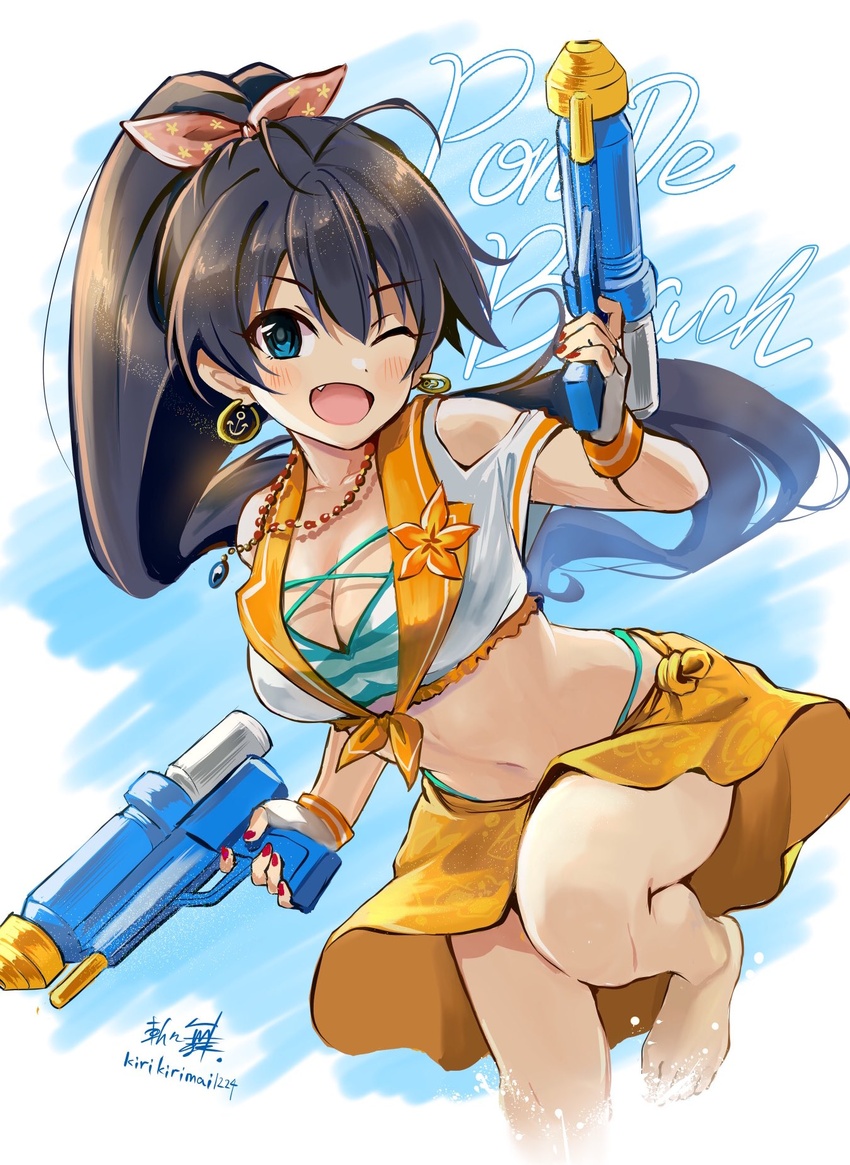 antenna_hair bare_shoulders barefoot bikini black_hair blue_background blue_eyes blush bow breasts cleavage clothing_cutout collarbone commentary crop_top cropped_shirt dot_nose earrings english_text female fingerless_gloves frilled_shirt frills ganaha_hibiki gloves green_bikini hair_ribbon hairbow highres holding holding_water_gun idolmaster idolmaster_(classic) idolmaster_million_live! idolmaster_million_live!_theater_days jewelry kirikirimai_(kkm) leg_up long_hair looking_at_viewer medium_breasts midriff nail_polish navel necklace oerba_yun_fang one_eye_closed open_mouth orange_trim ponytail print_ribbon red_nails red_ribbon ribbon shirt short_sleeves shoulder_cutout signature skirt smile solo splashing standing standing_on_one_leg star_(symbol) star_print striped_bikini striped_clothes swimsuit twitter_username v-shaped_eyebrows water_gun white_gloves white_shirt yellow_skirt