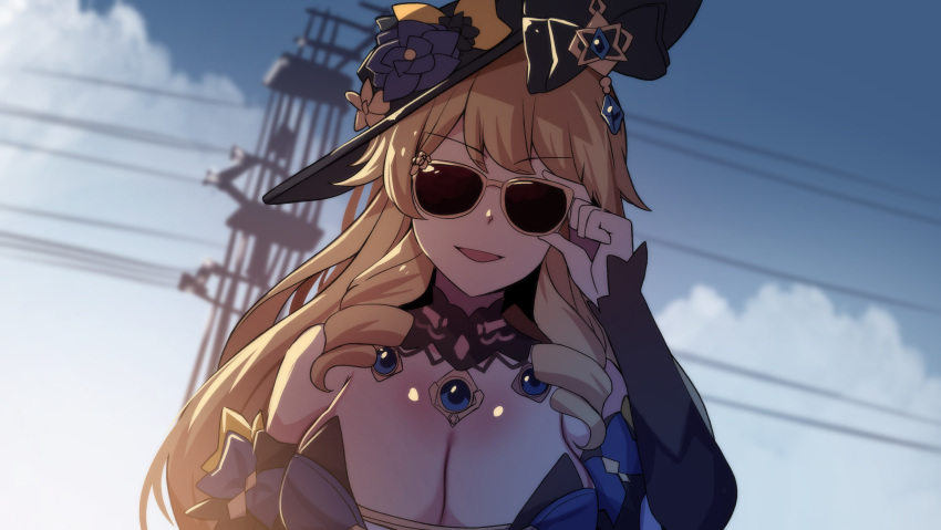 :d absurdres adjusting_eyewear bare_shoulders black_headwear blonde_hair blue_sky breasts cleavage cloud cyberpunk_(series) cyberpunk_2077 english_commentary facing_viewer female genshin_impact hand_up highres hinghoi large_breasts navia_(genshin_impact) open_mouth outdoors parody revision sky smile solo sunglasses upper_body