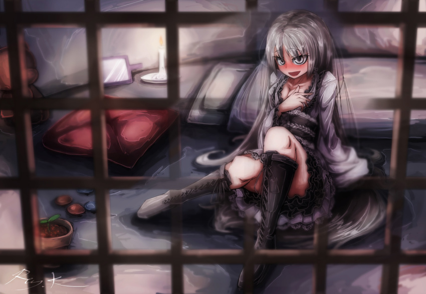 blush breasts cage dorei_to_no_seikatsu_~teaching_feeling~ dress female grey_eyes grey_hair hand_on_own_chest long_hair looking_at_viewer no_scar open_mouth ray-k smile solo sylvie_(dorei_to_no_seikatsu)