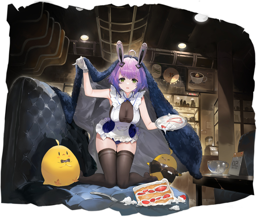 :o ahoge alchemaniac animal_ears apron ass_visible_through_thighs azur_lane bare_shoulders bird black_thighhighs black_veil breasts cake cake_slice cleavage coffee couch cup dress embarrassed fake_animal_ears female food fork frilled_apron frilled_dress frilled_leotard frills fruit full_body gloves green_eyes grey_gloves hair_ornament highres holding holding_plate holding_tray houston_(azur_lane) houston_ii_(azur_lane) houston_ii_(ready_to_serve!)_(azur_lane) indoors kneeling large_breasts leotard looking_at_viewer maid manjuu_(azur_lane) medium_hair no_shoes non-web_source nontraditional_playboy_bunny official_alternate_costume official_art open_mouth plate purple_hair rabbit_ears skindentation sleeveless solo strawberry_shortcake table teacup thighhighs thighs tray veil white_apron white_gloves zettai_ryouiki