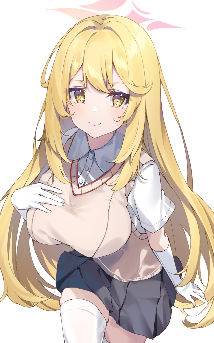 blonde_hair blue_archive breasts brown_sweater_vest buttons closed_mouth collared_shirt elbow_gloves female gloves grey_skirt halo hand_on_own_chest highres large_breasts long_hair looking_at_viewer miniskirt no_emblem pien_(usagi_suki) pink_halo pleated_skirt school_uniform shirt shokuhou_misaki short_sleeves skirt smile solo star-shaped_pupils star_(symbol) star_halo summer_uniform sweater_vest symbol-shaped_pupils thighhighs toaru_kagaku_no_railgun toaru_majutsu_no_index tokiwadai_school_uniform very_long_hair white_background white_gloves white_shirt white_thighhighs yellow_eyes