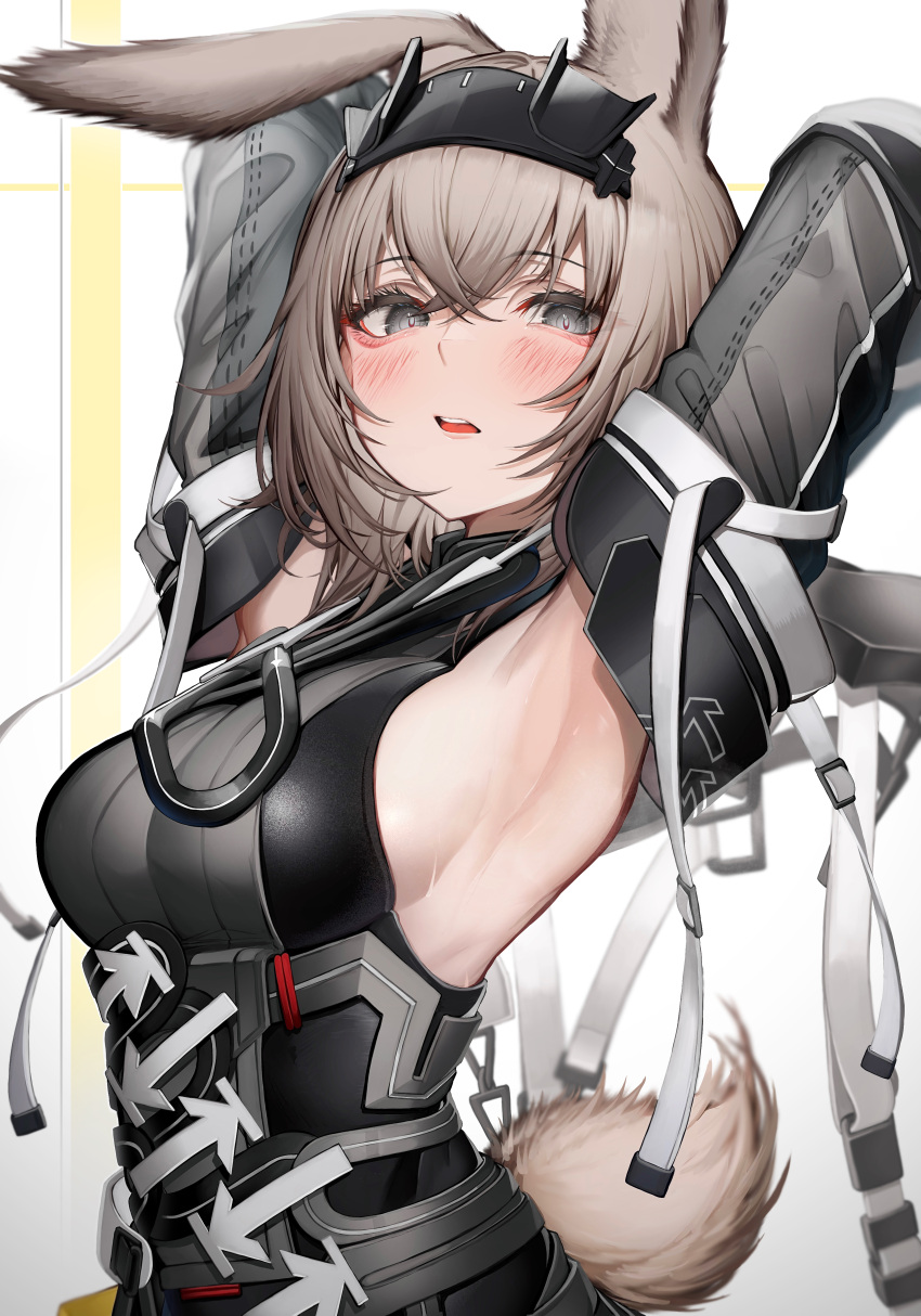 absurdres arknights arknights:_endfield armpits avywenna_(arknights) black_hairband breasts brown_hair commentary_request detached_sleeves female grey_eyes hairband highres large_breasts looking_at_viewer open_mouth short_hair solo tab_head tail