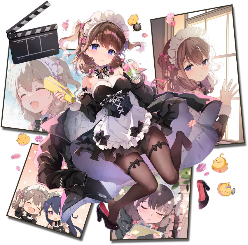 2girls apron azur_lane black_bow black_bowtie black_corset black_footwear black_jacket blue_eyes bow bowtie breasts brown_hair clapperboard closed_eyes closed_mouth corset cup detached_sleeves dress frilled_apron frilled_dress frills hairbow highres holding holding_cup jacket large_breasts long_hair long_sleeves looking_at_viewer maid maid_apron maid_headdress manjuu_(azur_lane) multiple_girls multiple_views non-web_source official_alternate_costume official_art pantyhose pink_bow sakura_koharu shoe_dangle shoes single_shoe smile thigh_strap transparent_background two_side_up unworn_jacket z35_(azur_lane) z35_(liebender_engel)_(azur_lane) z36_(azur_lane)