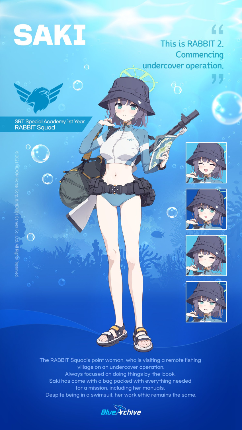 absurdres blue_archive bucket_hat english_commentary english_text gun gun_on_back hat highres holding holding_map lahti-saloranta_m/26 light_machine_gun male_swimwear map official_art saki_(blue_archive) saki_(swimsuit)_(blue_archive) sandals swim_briefs swimsuit weapon weapon_on_back yutokamizu