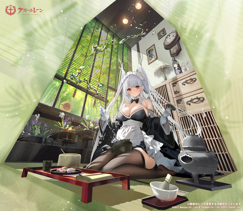 animal apron azur_lane bare_shoulders bird breasts chagama_(pot) chasen clock closed_mouth commentary_request copyright_name copyright_notice cup day detached_collar doll female flower full_body gloves hair_ornament hakuryuu_(azur_lane) highres horns indoors large_breasts long_hair long_sleeves looking_at_viewer maid maid_headdress manjuu_(azur_lane) mimoza_(96mimo414) musashi_(azur_lane) official_art red_eyes second-party_source shimanto_(azur_lane) shimanto_(the_comfy_dragon_god)_(azur_lane) sitting smile tatami thighhighs thighs waist_apron wall_clock water water_drop white_hair wide_sleeves window yunomi