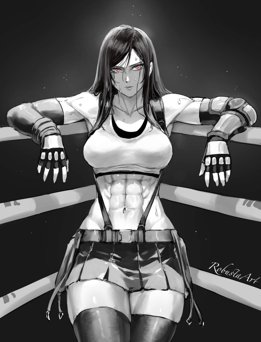 abs boxing_ring elbow_pads female final_fantasy final_fantasy_vii fingerless_gloves frown gloves highres long_hair looking_at_viewer muscular muscular_female red_eyes robusta_mania signature skirt solo tank_top thighhighs tifa_lockhart toned