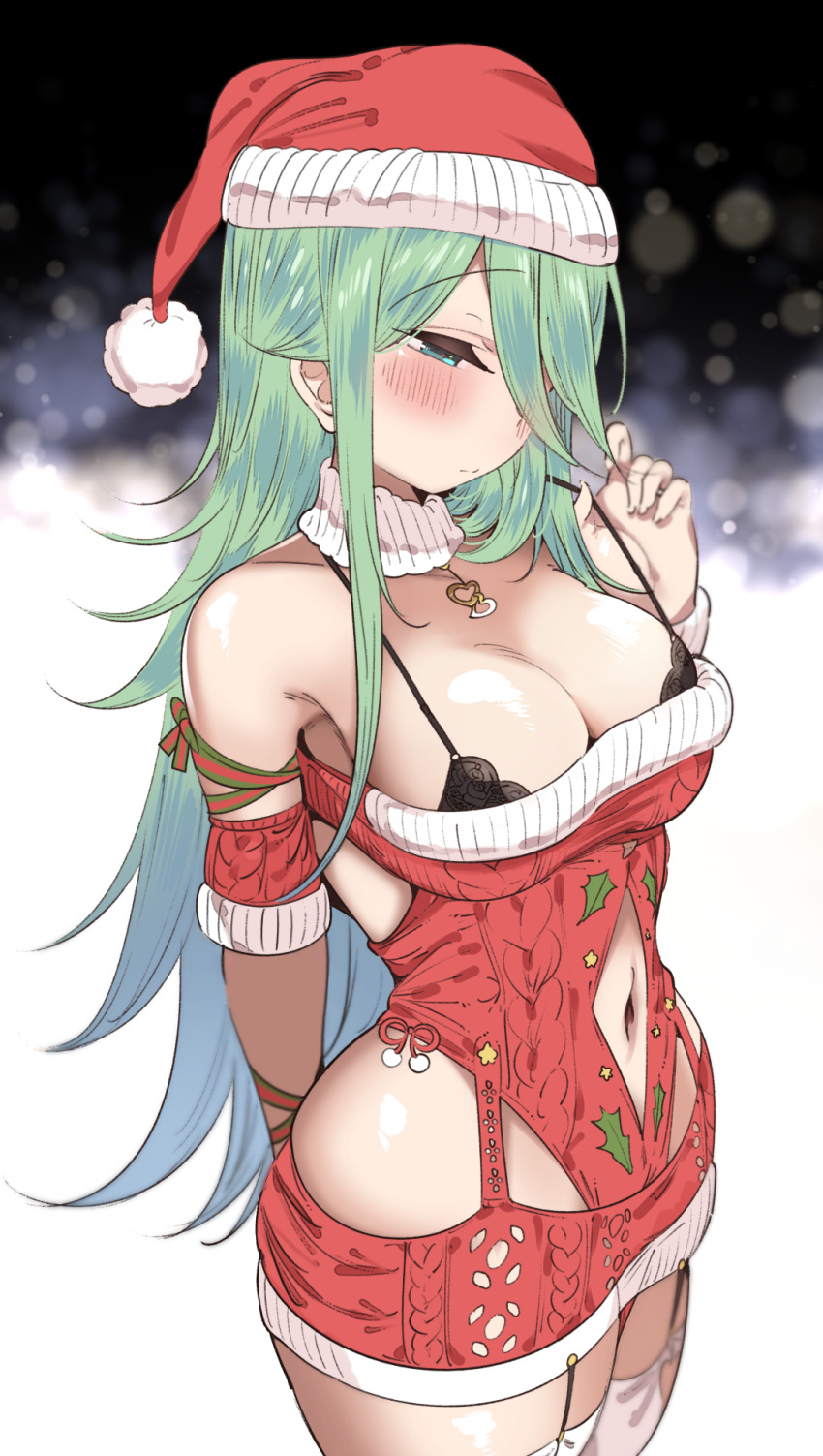 arm_behind_back averting_eyes black_bra bra breasts christmas_sweater cleavage clothing_cutout commentary_request detached_collar detached_sleeves embarrassed female fur-trimmed_headwear fur_trim garter_straps green_eyes green_hair hair_over_one_eye hat heart_pendant highres hip_vent jewelry kantai_collection large_breasts long_hair narrowed_eyes navel navel_cutout pendant pom_pom_(clothes) red_hat red_sweater santa_hat simple_background solo strap_lift suzuki_toto sweater thighhighs underwear white_thighhighs yamakaze_(kancolle)