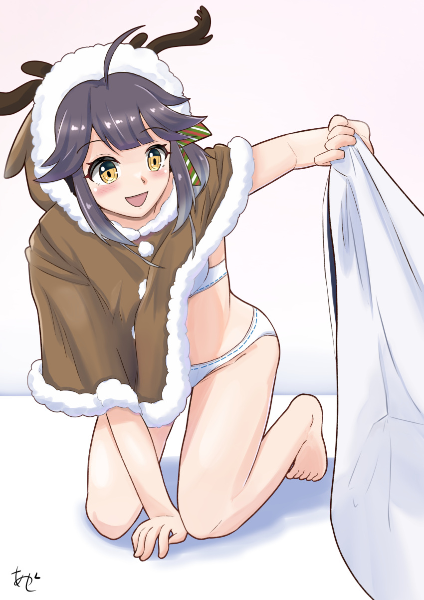 adapted_costume ahoge akashieru all_fours animal_hood barefoot bra brown_capelet capelet female fur-trimmed_capelet fur_trim grey_hair hair_ribbon hayanami_(kancolle) highres hood hooded_capelet kantai_collection official_alternate_costume one-hour_drawing_challenge panties ponytail ribbon sack short_hair sidelocks smile solo underwear white_bra white_panties