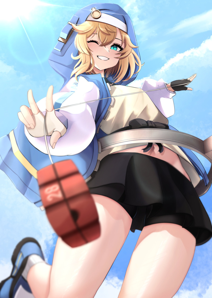 1boy absurdres androgyne_symbol bike_shorts_under_skirt black_gloves black_shorts black_skirt blonde_hair blue_sky blush bridget cloud cloudy_sky cuffs fingerless_gloves gloves green_eyes grin guilty_gear guilty_gear_strive habit handcuffs highres hood hood_up hooded_jacket hoodie jacket lens_flare long_sleeves looking_at_viewer male_focus medium_hair navel one_eye_closed open_clothes open_hoodie otoko_no_ko puffy_long_sleeves puffy_sleeves shorts skirt sky smile two-tone_gloves white_gloves yan_kodiac yo-yo